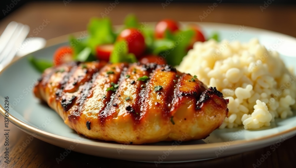 Close-up of juicy grilled chicken breast accompanied by rice and salad on a wooden table, culinary, restaurant Close-up of juicy grilled chicken breast accompanied by rice and salad on a wooden table, culinary, restaurant