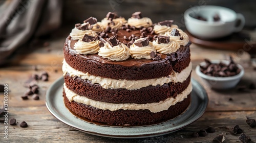 Chocolate layer cake with frosting details. 