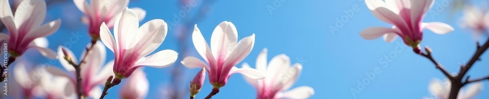 Fototapeta premium Close-up of magnolia blossoms blooming on a tree against a bright blue sky, sky, Asia, bright