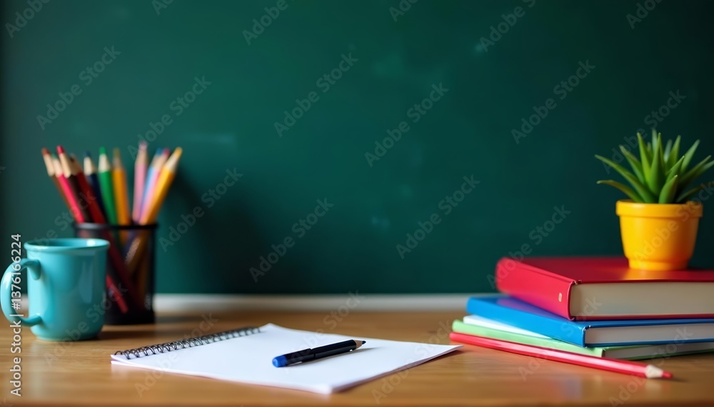 Close up of neatly organized desk with various school supplies on blackboard backdrop, pens, sharpener, markers Close up of neatly organized desk with various school supplies on blackboard backdrop, pens, sharpener, markers