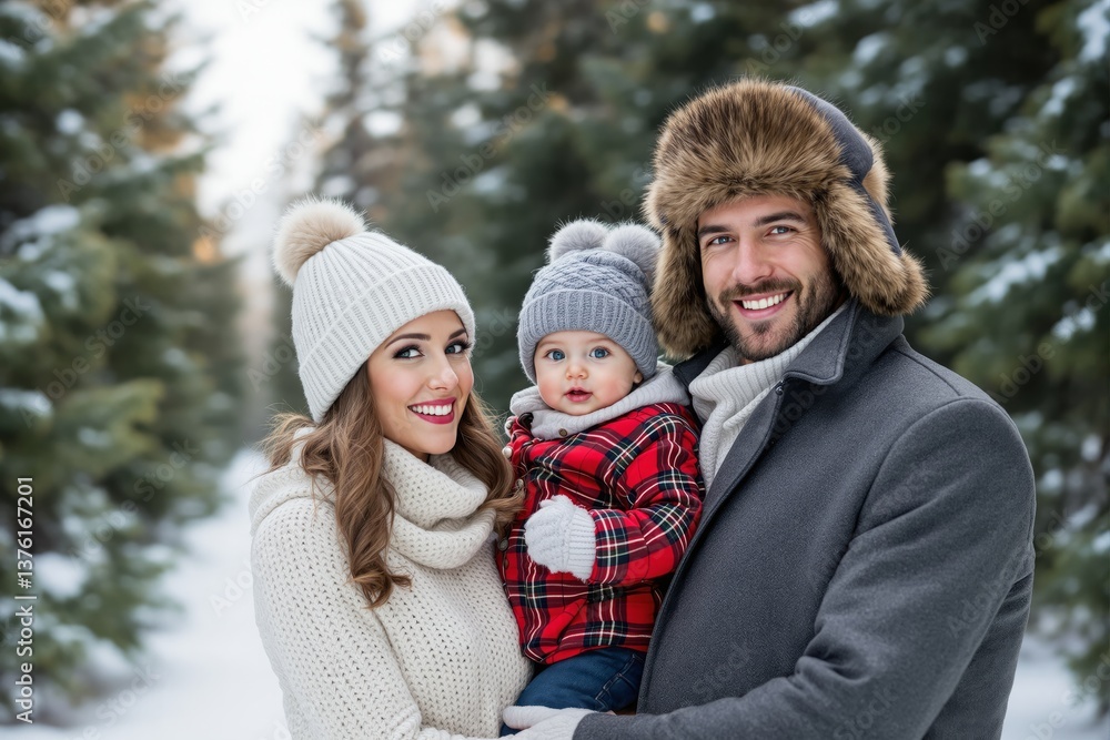 Fototapeta premium Smiling family dressed in cozy winter outfits posing in a snowy forest background. The parents and child are warmly dressed, radiating happiness. Ai generative