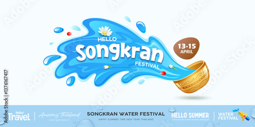 Songkran thailand festival, golden bowls water splashing banner design background, Eps 10 vector illustration