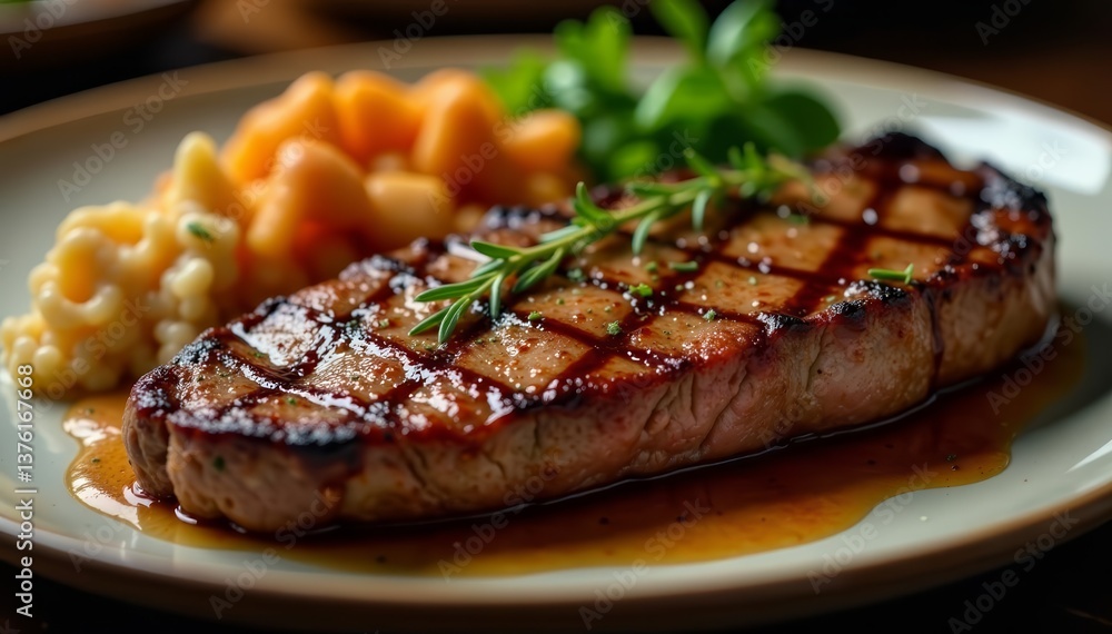 Close-up of perfectly grilled beef steak with gourmet presentation, gastronomy, food Close-up of perfectly grilled beef steak with gourmet presentation, gastronomy, food