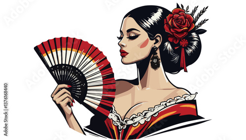 A striking Spanish woman in a traditional dress with a beautiful hairstyle and a fan. Vector graphics. EPS.
