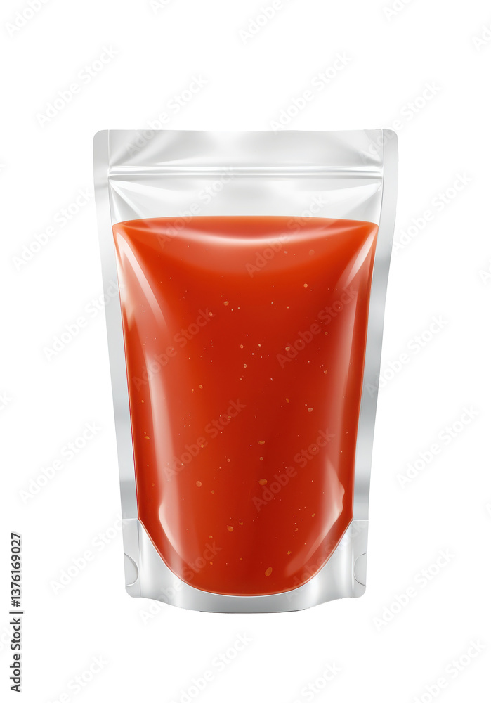 Transparent Resealable Pouch with Rich Red Tomato Ketchup, Modern Food Packaging for Freshness and Convenience Transparent Resealable Pouch with Rich Red Tomato Ketchup, Modern Food Packaging for Freshness and Convenience