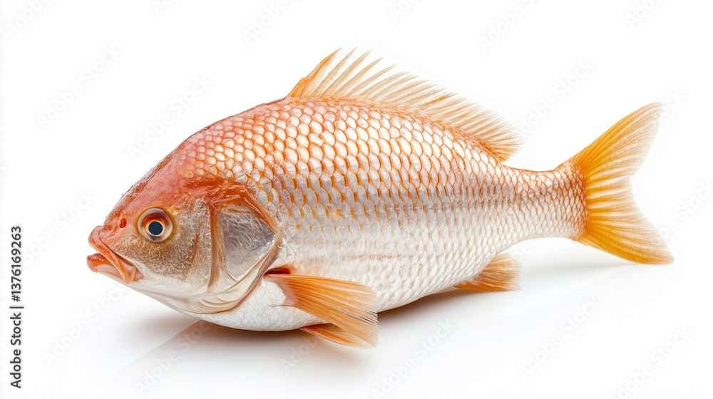 a single, shiny, red and white fish on a white background, showing scales, fins, and eye details. a single, shiny, red and white fish on a white background, showing scales, fins, and eye details.