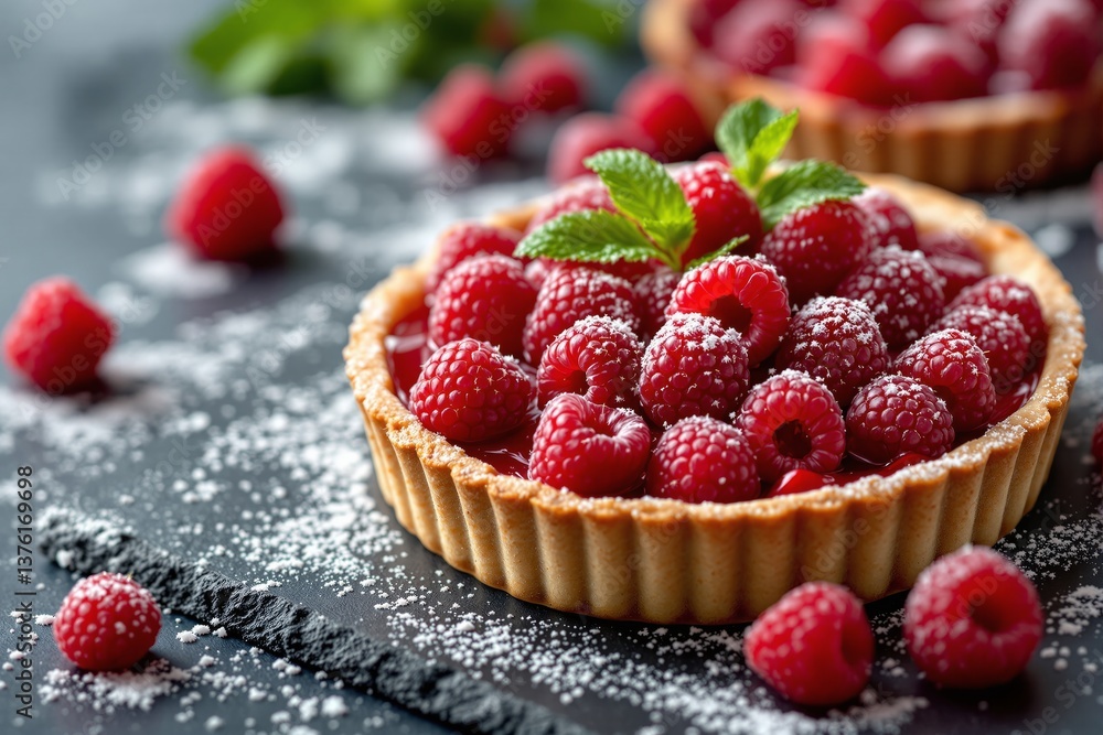 Raspberry tart topped with fresh berries and mint, sprinkled with powdered sugar on dark slate background. Sweet dessert concept. Ai generative