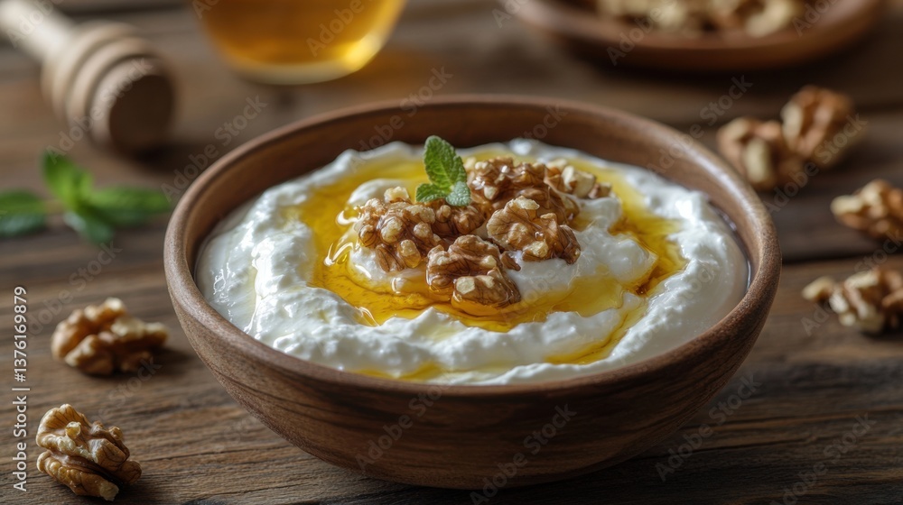 Delicious yogurt topped with honey and walnuts in a rustic wooden bowl on a table
