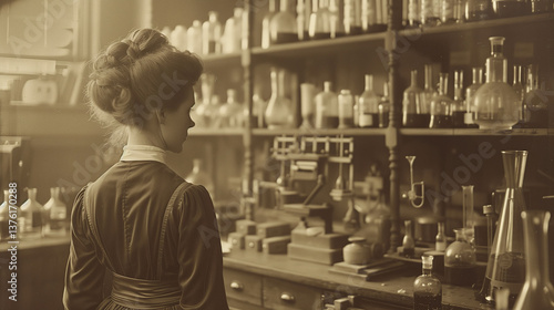 A vintage scene of a female scientist from the early 20th century, standing in an old-fashioned laboratory filled with wooden shelves, glass beakers, and antique scientific instruments. 