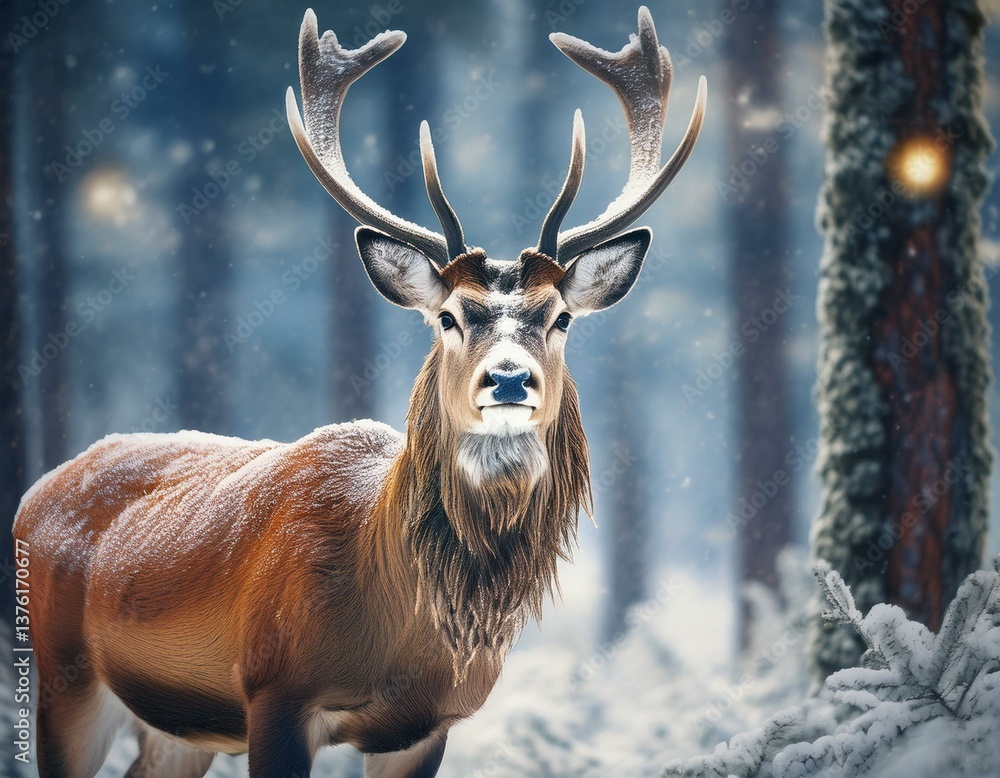 Fototapeta premium Proud Noble Deer male in winter snow forest. Winter christmas image.