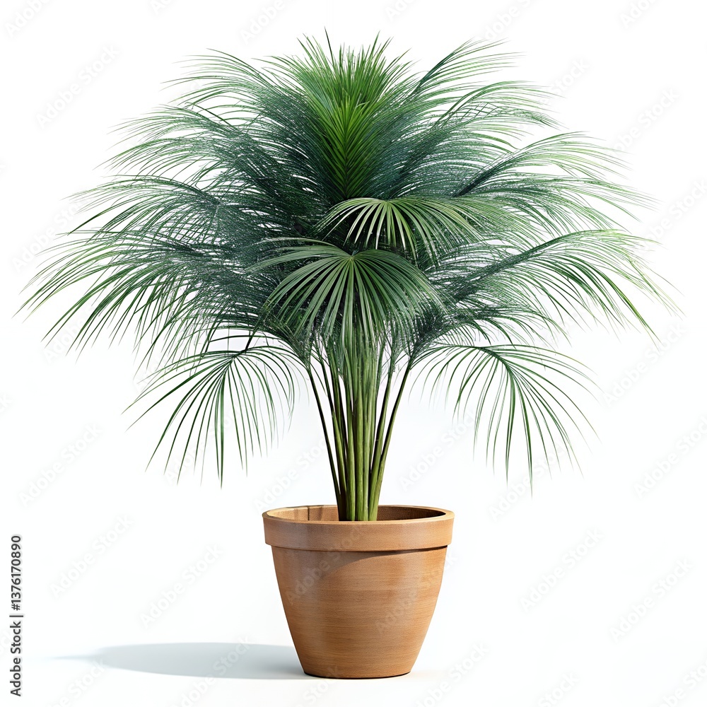 A lush, vibrant Rhapis excelsa palm flourishing in a terracotta pot, bathed in soft sunlight against a bright white background. A lush, vibrant Rhapis excelsa palm flourishing in a terracotta pot, bathed in soft sunlight against a bright white background.