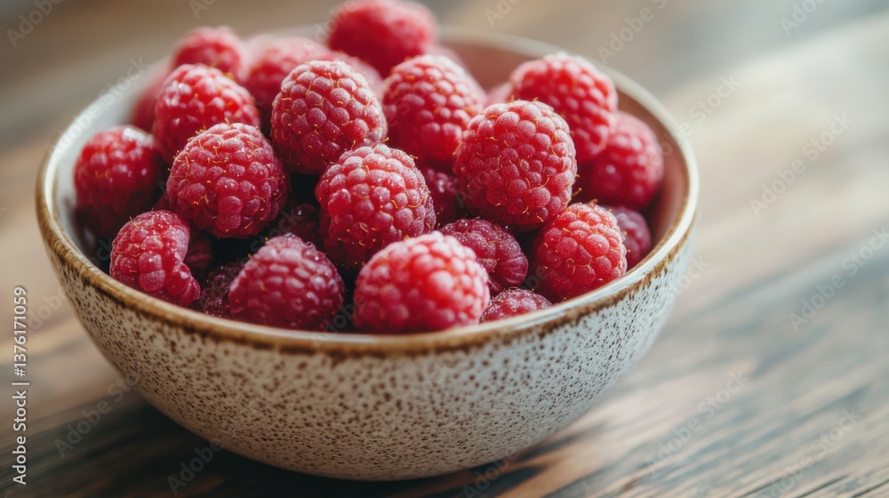 Fresh ripe raspberries arranged in a rustic bowl on a wooden table Fresh ripe raspberries arranged in a rustic bowl on a wooden table
