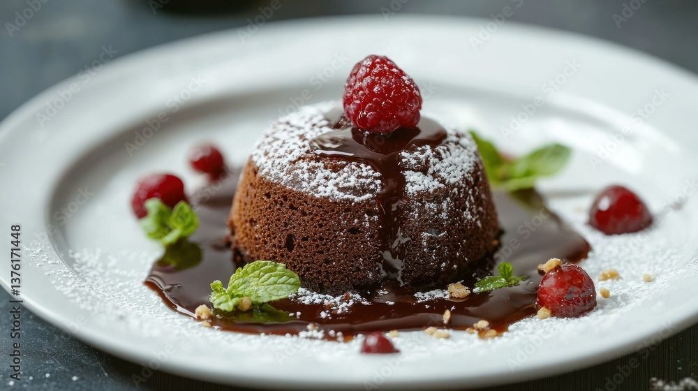 Elegant plating of a lava cake dessert Elegant plating of a lava cake dessert