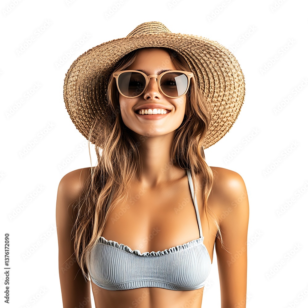 Sunshine and smiles: capturing the essence of summer with a beautiful young woman in a swimsuit, sun hat and sunglasses. she's embracing the warmth and light, radiant with happiness and joy. Sunshine and smiles: capturing the essence of summer with a beautiful young woman in a swimsuit, sun hat and sunglasses. she's embracing the warmth and light, radiant with happiness and joy.