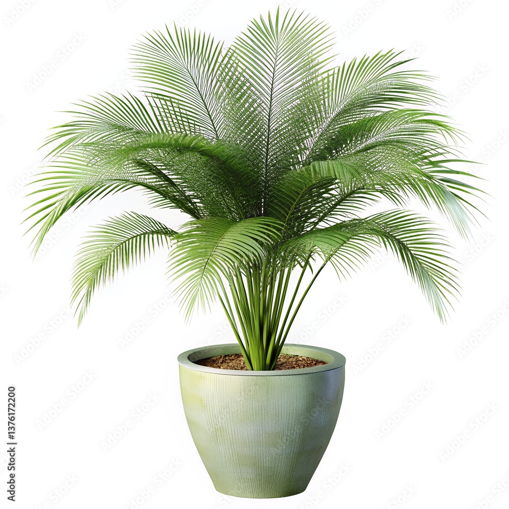 A lush, vibrant parlor palm thriving in a pale green ceramic pot, a symbol of indoor tranquility and natural beauty against a clean white background. A lush, vibrant parlor palm thriving in a pale green ceramic pot, a symbol of indoor tranquility and natural beauty against a clean white background.