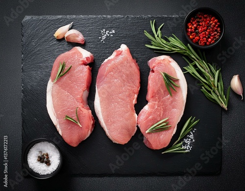 Raw pork meat. Fresh steaks on slate board on black background. Top