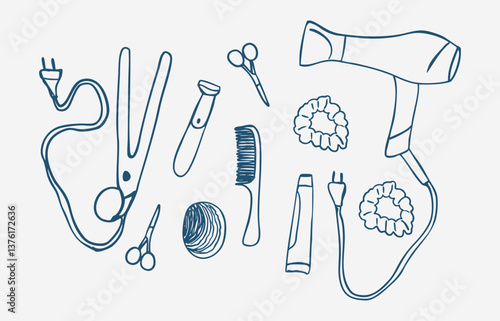 hand drawn doodles of hair dryer, straightener, scissors, shaver, comb, brush. beauty salon items. Vector illustration