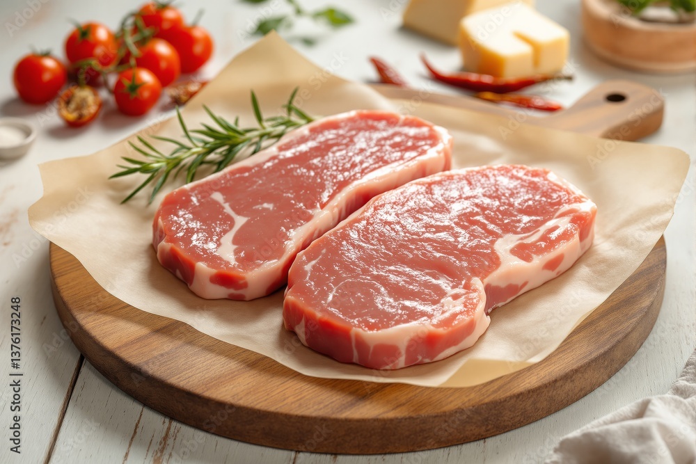 Fresh raw pork steaks with marbling on parchment paper, garnished with rosemary. Cherry tomatoes, cheese, and spices in the background. Ai generative Fresh raw pork steaks with marbling on parchment paper, garnished with rosemary. Cherry tomatoes, cheese, and spices in the background. Ai generative