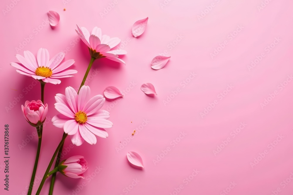 Delicate pink flowers with petals on a soft pink background, feminine, nature Delicate pink flowers with petals on a soft pink background, feminine, nature