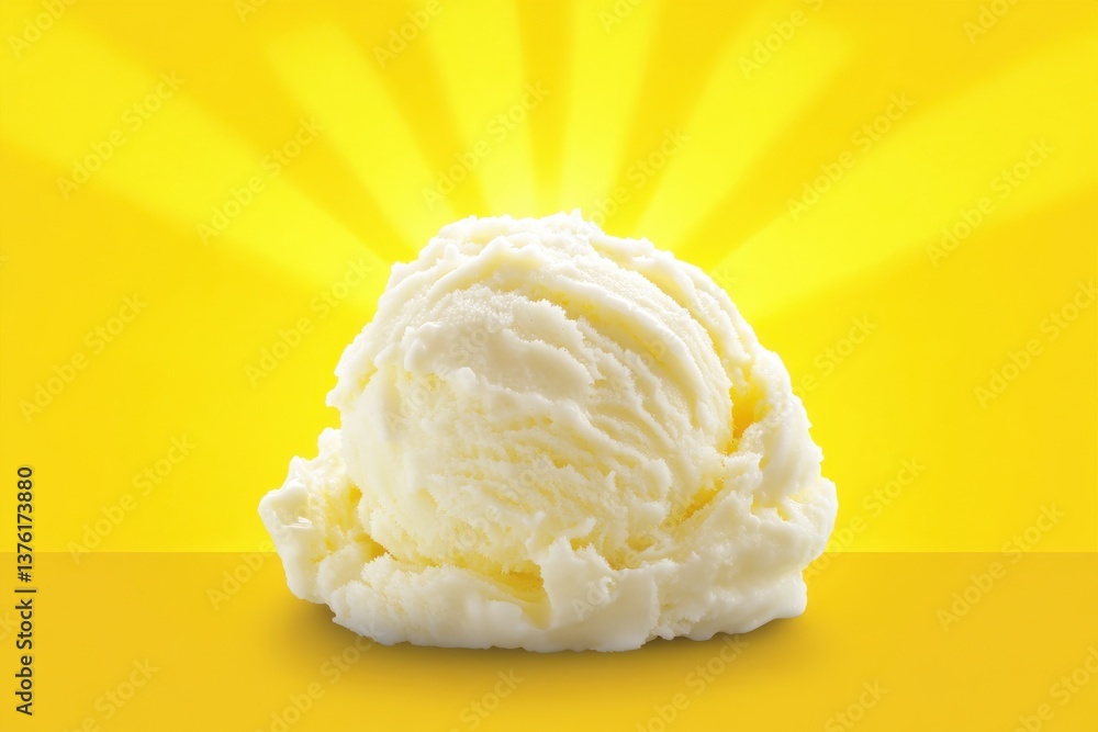 Bright yellow background showcases a scoop of creamy vanilla ice cream with a sunburst effect, perfect for summer desserts and treats Bright yellow background showcases a scoop of creamy vanilla ice cream with a sunburst effect, perfect for summer desserts and treats