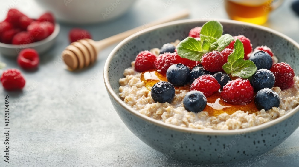 Delicious bowl of oatmeal topped with fresh berries and honey in a bright kitchen setting Delicious bowl of oatmeal topped with fresh berries and honey in a bright kitchen setting
