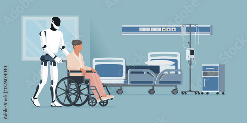 AI humanoid robot helping a senior person in a wheelchair