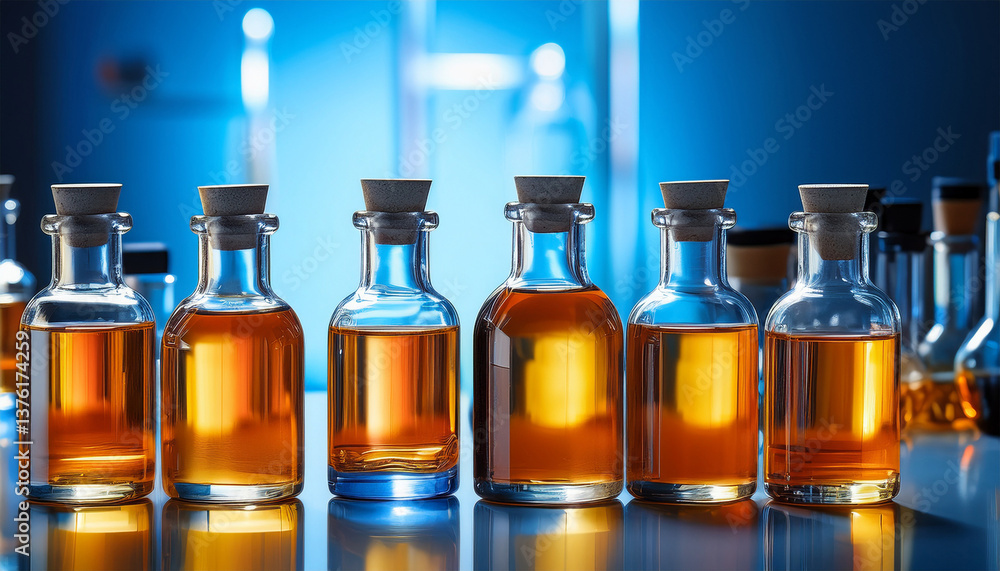 glass bottles filled with amber liquid sit on a sleek laboratory table illuminated by a vibrant blue background showcasing a modern and scientific aesthetic glass bottles filled with amber liquid sit on a sleek laboratory table illuminated by a vibrant blue background showcasing a modern and scientific aesthetic