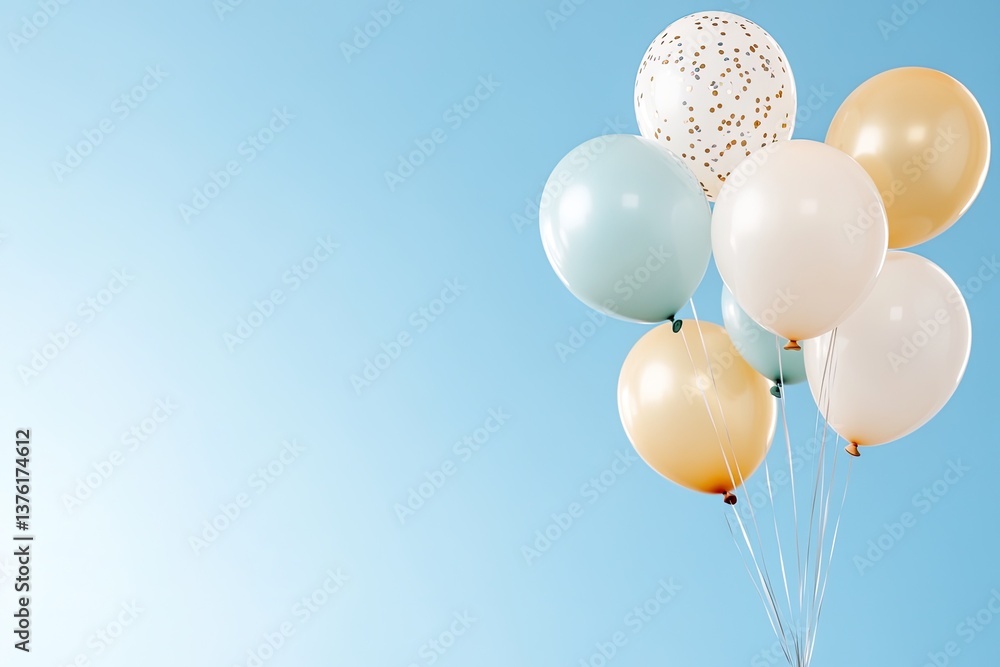 Colorful balloons floating against soft blue background create f Colorful balloons floating against soft blue background create f