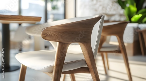Contemporary White Coffee Shop Interior with Close-Up View of Wooden Chairs for Hospitality Business Promotion