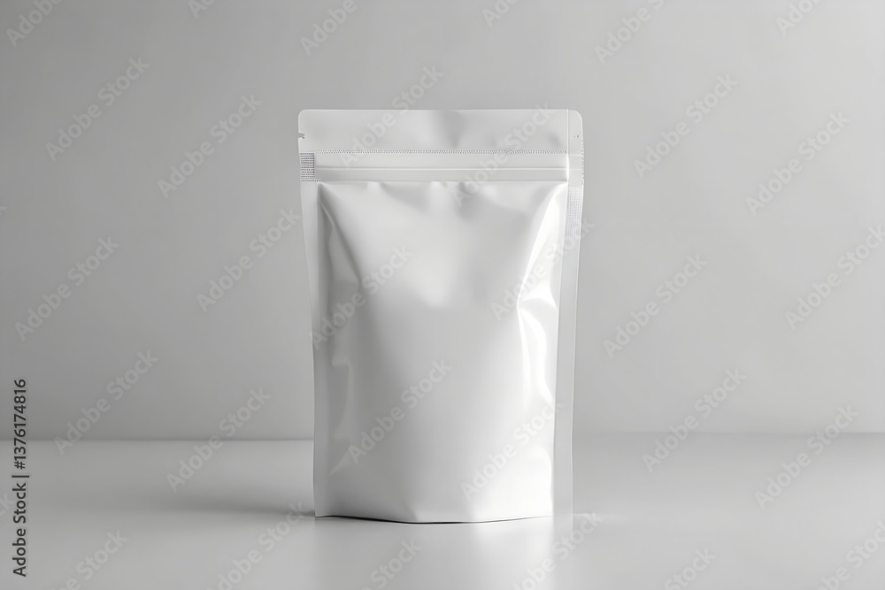 Minimalist White Stand-Up Pouch with Greenery on Textured white Background for mock up design Minimalist White Stand-Up Pouch with Greenery on Textured white Background for mock up design