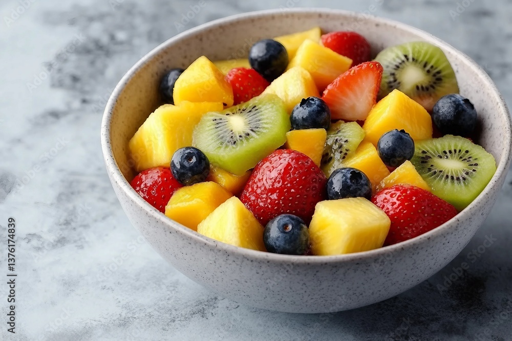 Fruit salad in bowl. Multi-colored ripe fruits and berries. Pineapple, mango, grape, strawberry, blueberry and kiwi Fruit salad in bowl. Multi-colored ripe fruits and berries. Pineapple, mango, grape, strawberry, blueberry and kiwi