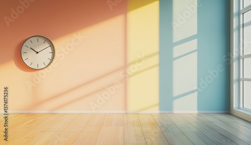 Wallpaper Mural Empty room bathed in sunlight, featuring a minimalist aesthetic with a clock Torontodigital.ca