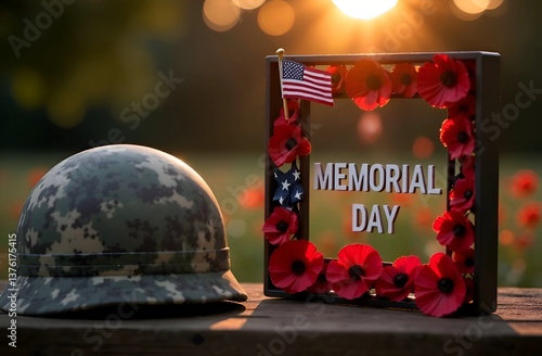 Decorative frame with text Memorial Day, decorated with red poppies and American flag, next to it lies a vintage camouflage helmet. Selective focus.