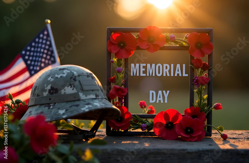 Decorative frame with text Memorial Day decorated with red poppies, vintage military helmet, American flag and flowers in blur next to it. Selective focus.