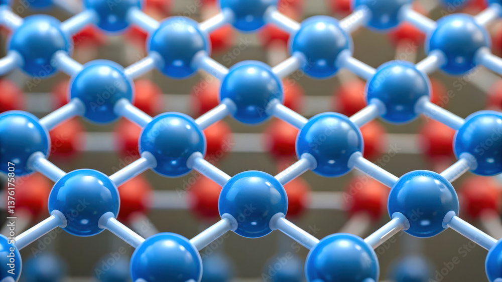 Obraz premium Hydrogen fuel cells, A close-up view of a molecular structure featuring blue and red spheres connected by white bonds, representing a complex lattice formation.