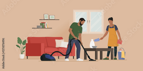 Happy couple cleaning together at home