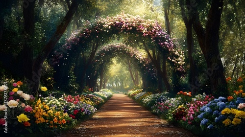 Fototapeta Naklejka Na Ścianę i Meble -  A peaceful garden path lined with colorful flowers and overhanging trees