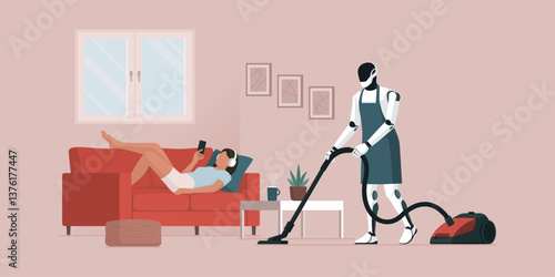 Woman relaxing on the couch and humanoid robot cleaning the floor