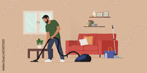 Man cleaning up his apartment and hoovering the floor
