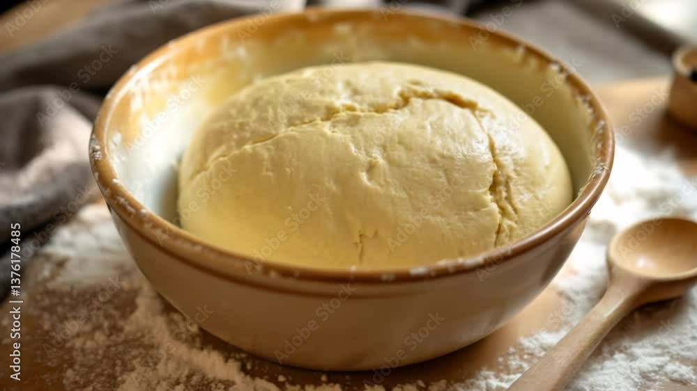 Finished proofing, the dough sits in a ceramic bowl on a floured wooden surface with a spoon. Great for recipe transitions or bakery scenes. Represents readiness for shaping. 4k 60 fps. Finished proofing, the dough sits in a ceramic bowl on a floured wooden surface with a spoon. Great for recipe transitions or bakery scenes. Represents readiness for shaping. 4k 60 fps.