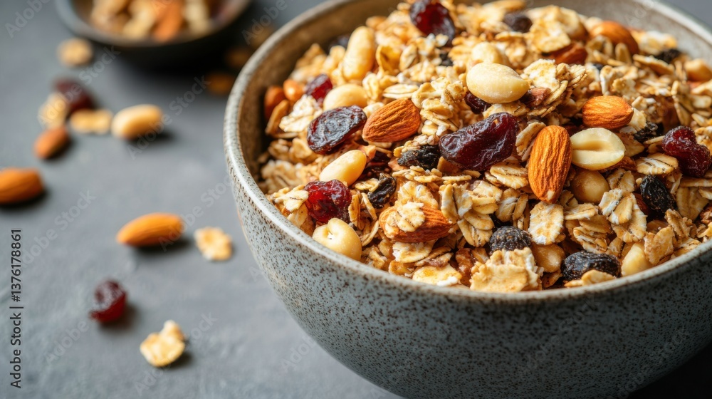 Healthy oat and nut granola in a bowl garnished with dried fruits, ready to serve at breakfast Healthy oat and nut granola in a bowl garnished with dried fruits, ready to serve at breakfast
