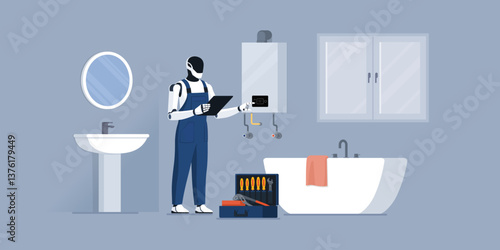 Plumber robot checking a boiler at home