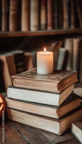 Wallpaper Mural A lit candle rests atop a stack of antique books in a dimly lit library.  Perfect for autumn, Halloween, or reading themes. Torontodigital.ca