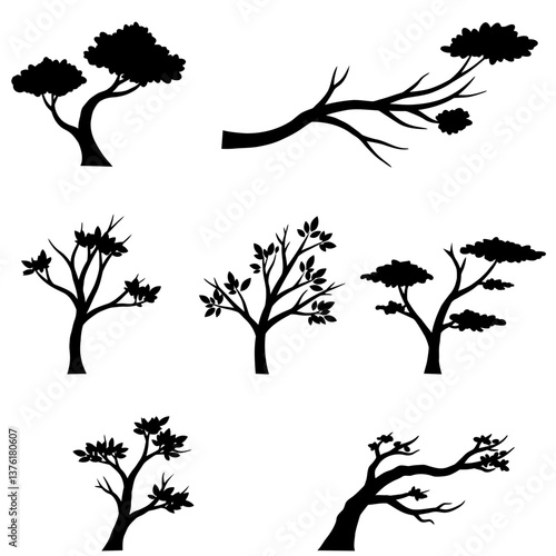 Set of black plant silhouettes, isolated on a white background. Black minimalist icon. Vector illustration