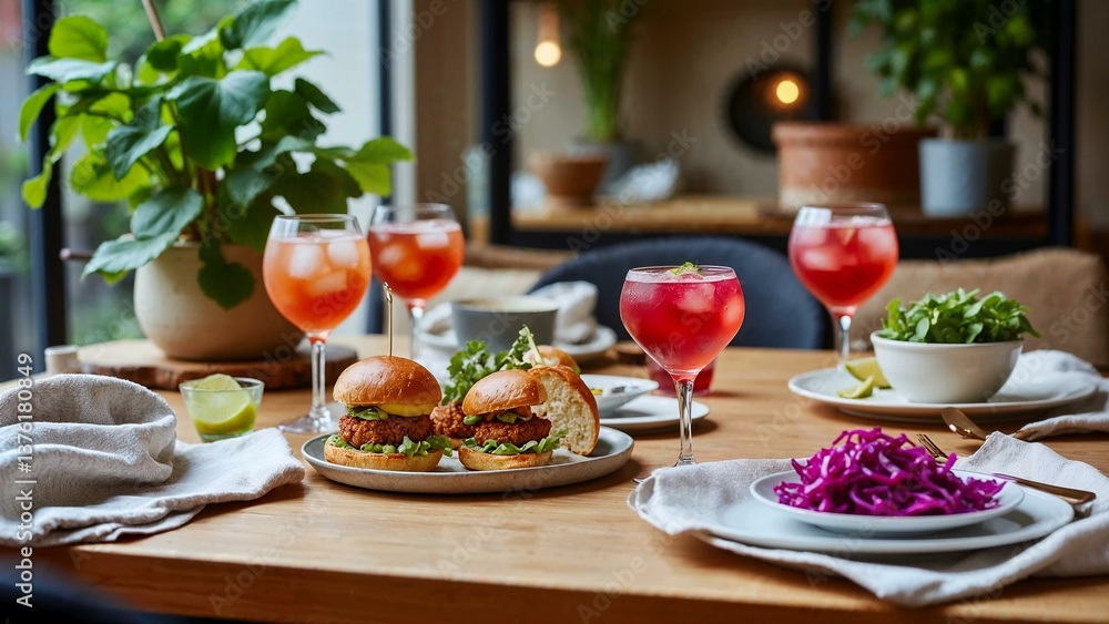 Modern dining room set with jackfruit sliders and kombucha cocktails in boho-chic style Modern dining room set with jackfruit sliders and kombucha cocktails in boho-chic style