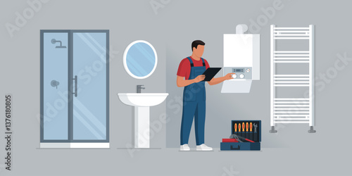 Technician checking a boiler at home