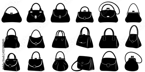 Set of black silhouette icons of various handbag styles, isolated on a white background. Vector illustration