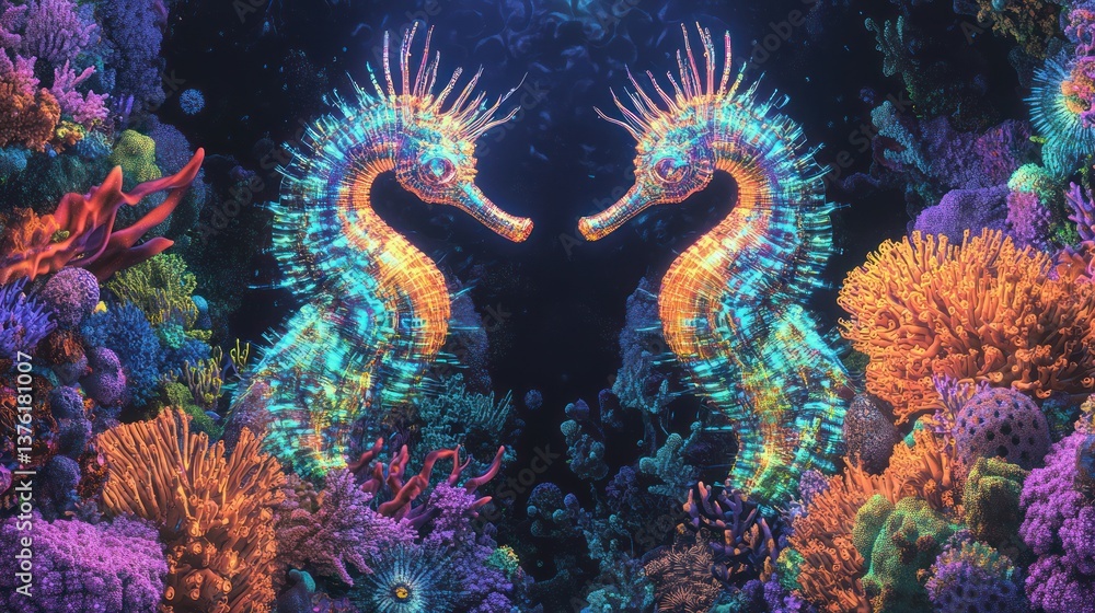 Two radiant seahorses facing each other in a vibrant coral reef Two radiant seahorses facing each other in a vibrant coral reef