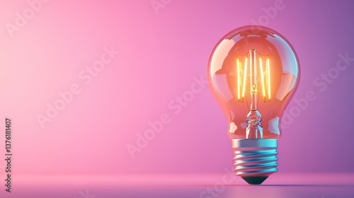 Vintage-style glowing light bulb illuminating a warm orange glow sits elegantly on a soft pink surface against a matching blurred pink background.