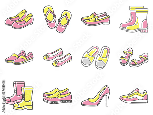 Colorful footwear icons representing various styles of shoes